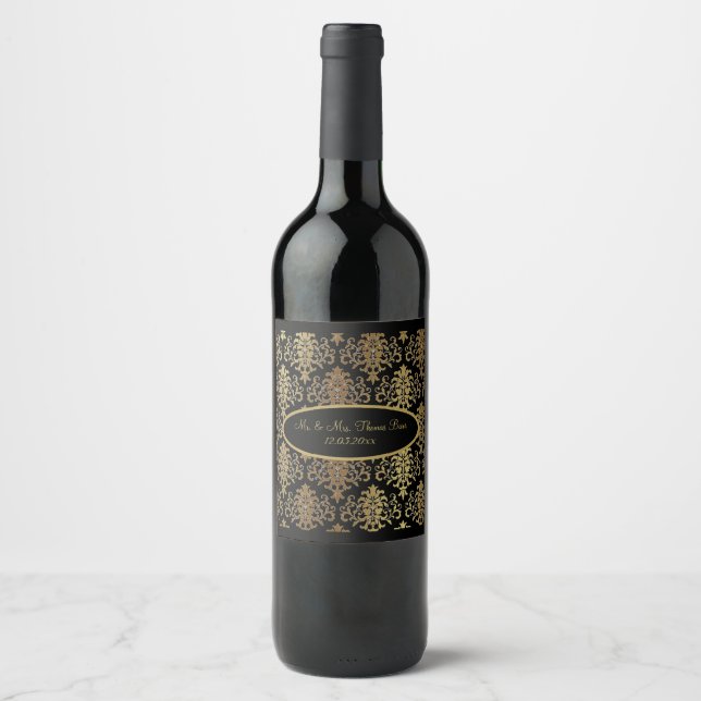 Gold Damask Black Script Wedding Elegant Wine Label (Front)