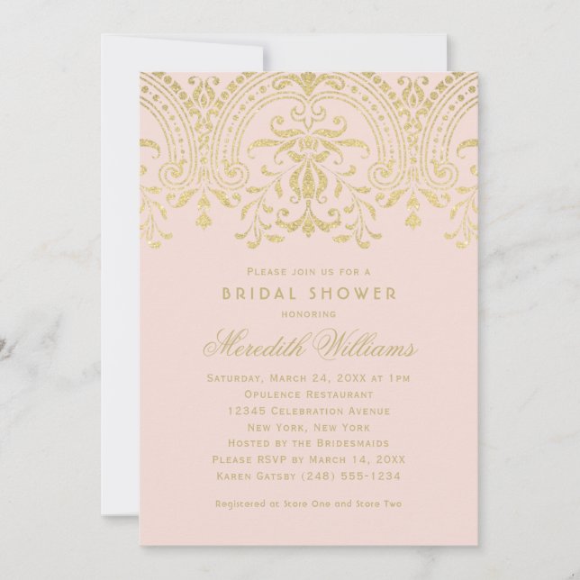 Gold Damask Blush Pink Wedding Bridal Shower Invitation (Front)