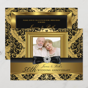 Gold Damask Bow Photo 50th Wedding Anniversary 2 Invitation