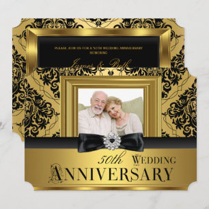 Gold Damask Bow Photo 50th Wedding Anniversary 3 Invitation