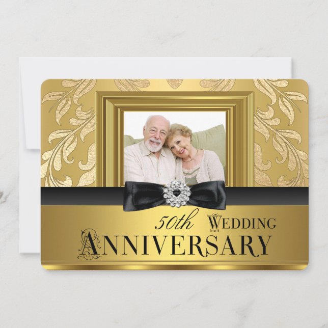 Gold Damask Bow Photo 50th Wedding Anniversary 4 Invitation (Front)