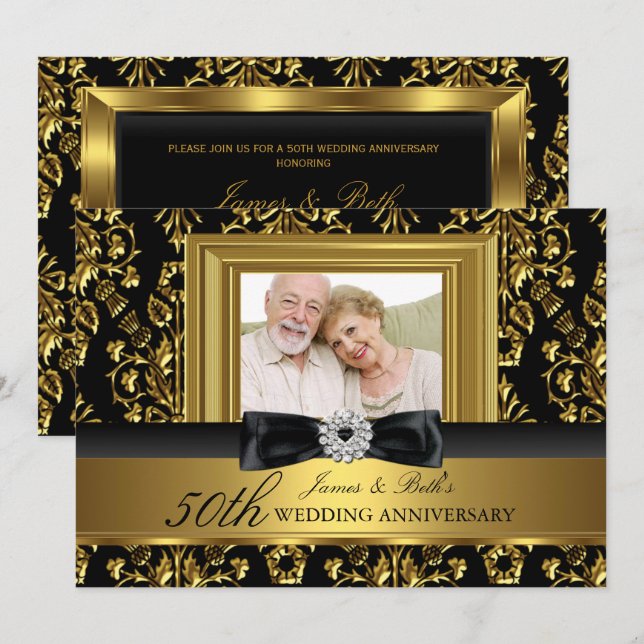 Gold Damask & Bow Photo 50th Wedding Anniversary Invitation (Front/Back)