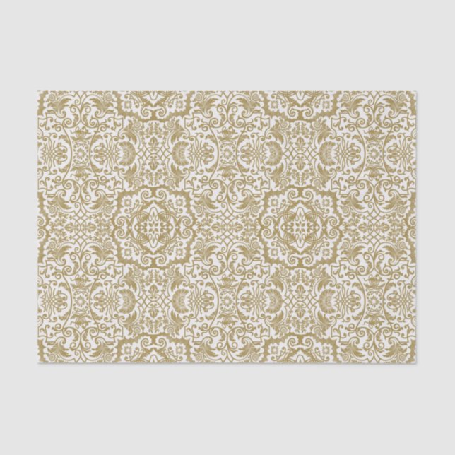 Gold Damask Brocade on White Gift or Decoupage Tissue Paper (Front)