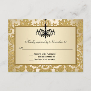 Gold Damask, Chandelier Wedding Reply Card