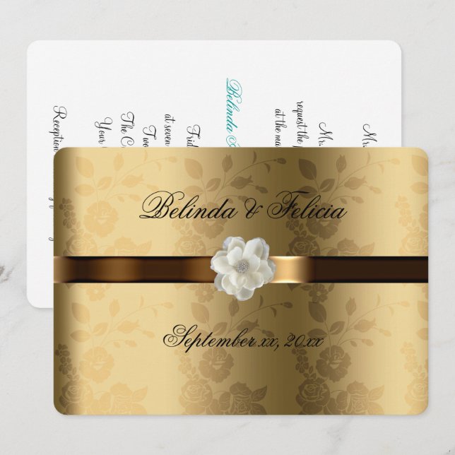 Gold Damask Chocolate Brown Satin White Flower Invitation (Front/Back)