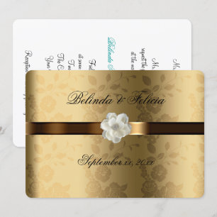 Gold Damask Chocolate Brown Satin White Flower Invitation