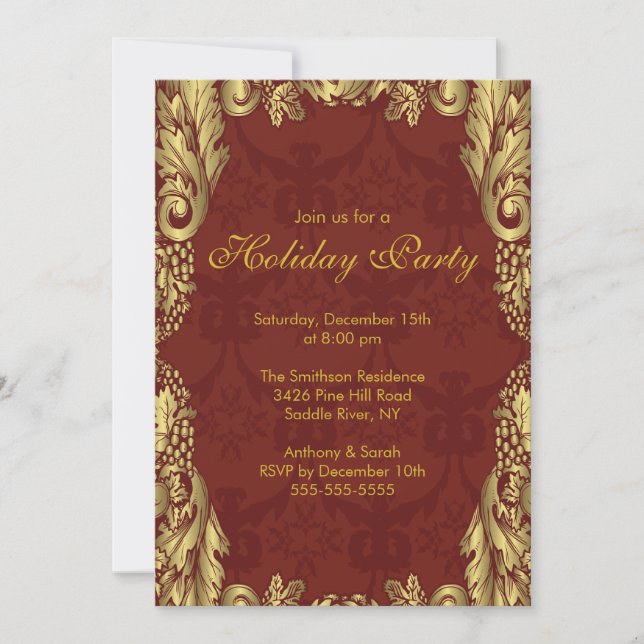 Gold Damask Christmas Holiday Party Invitation (Front)