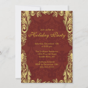 Gold Damask Christmas Holiday Party Invitation
