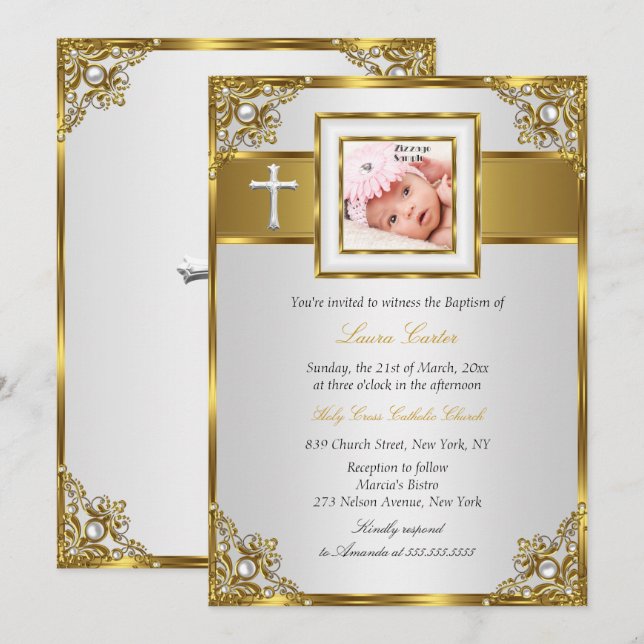 Gold Damask Cross Photo Baptism Christening 2 Invitation (Front/Back)