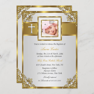 Gold Damask Cross Photo Baptism Christening 2 Invitation