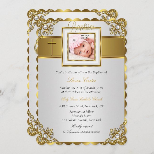 Gold Damask Cross Photo Baptism Christening Invitation (Front/Back)