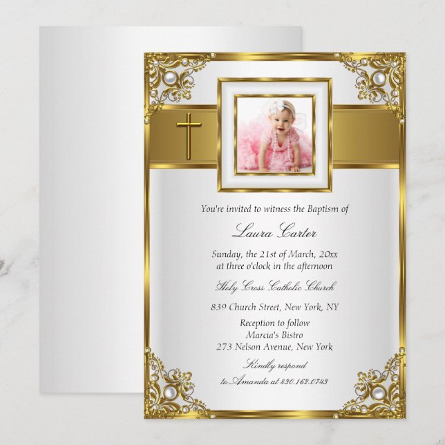 Gold Damask & Cross Photo Baptism/Christening Invitation (Front/Back)