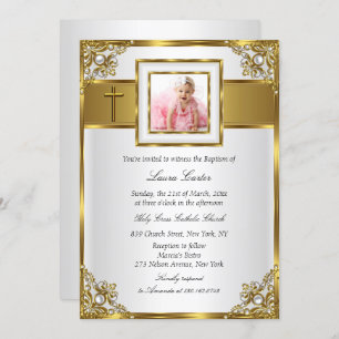 Gold Damask & Cross Photo Baptism/Christening Invitation