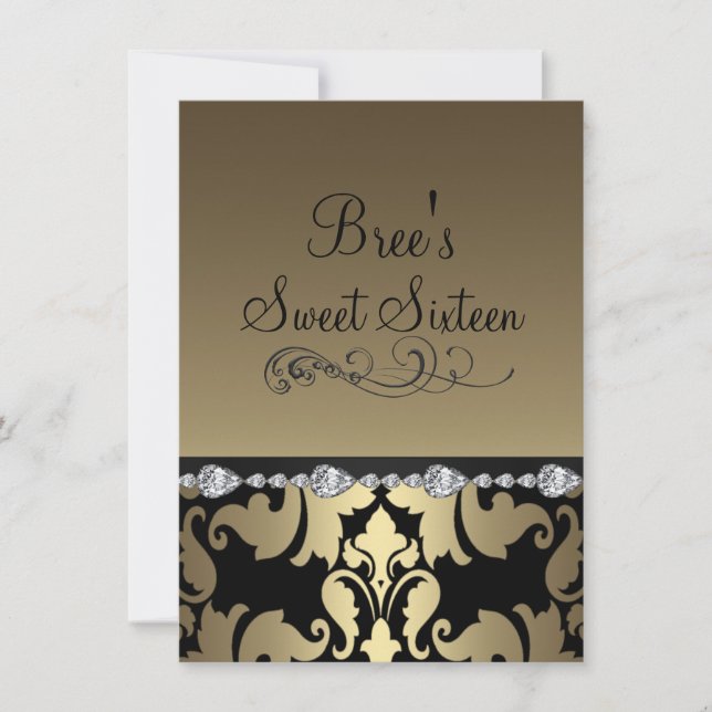 Gold Damask & Diamond Image Sweet 16 Invite (Front)