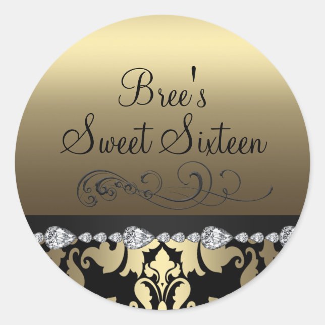 Gold Damask & Diamond Sweet 16 Sticker (Front)