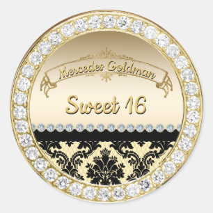 Gold Damask & Diamonds Sweet 16 Birthday Classic Round Sticker