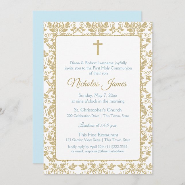 Gold Damask First Communion with Blue Invitation (Front/Back)