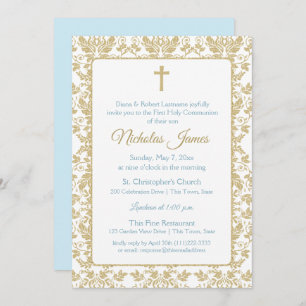 Gold Damask First Communion with Blue Invitation