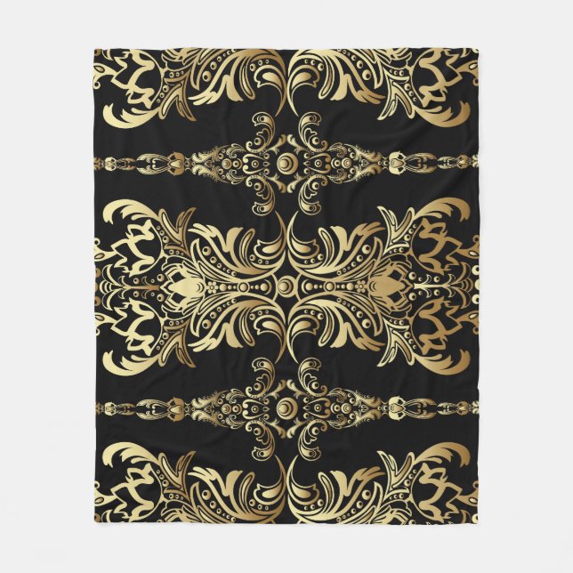 Gold Damask, Floral Arabesque Pattern. Fleece Blanket (Front)