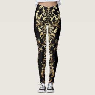 Gold Damask, Floral Arabesque Pattern. Leggings