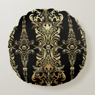 Gold Damask, Floral Arabesque Pattern. Round Cushion
