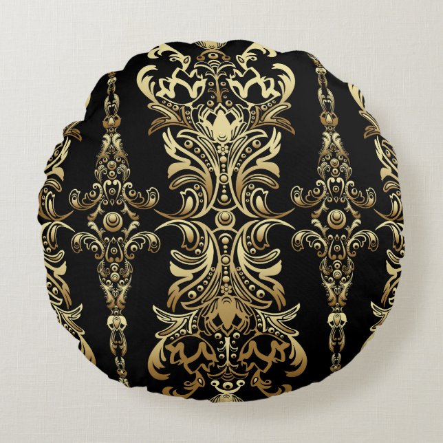Gold Damask, Floral Arabesque Pattern. Round Cushion (Front)