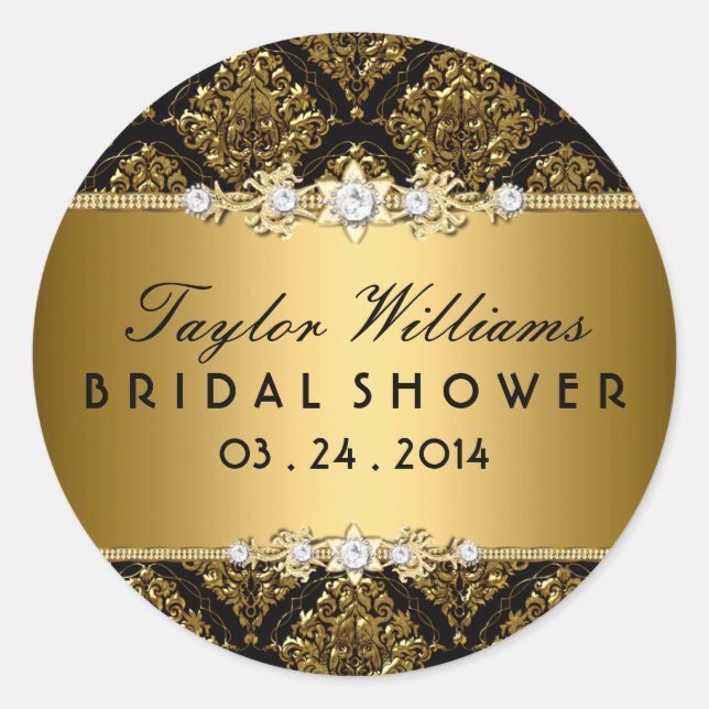 Gold Damask & Floral Jewel Bridal Shower Sticker (Front)