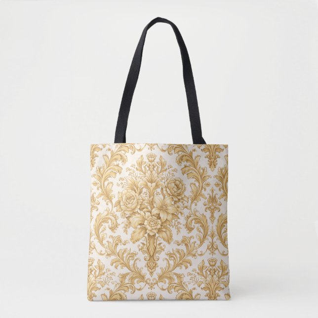 Gold Damask Floral Tote Bag (Front)