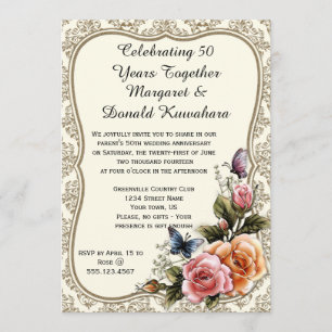 Gold Damask Gold Frame Roses 50th Anniversary Invitation