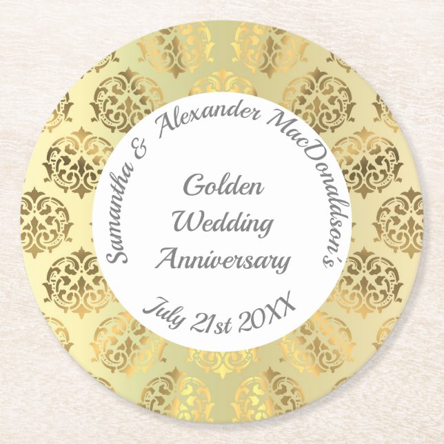 Gold damask golden wedding anniversary round paper coaster (Front)