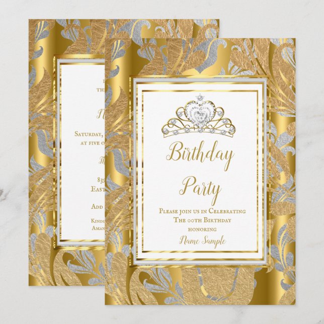 Gold Damask Grey Tiara Birthday Party Invitation (Front/Back)
