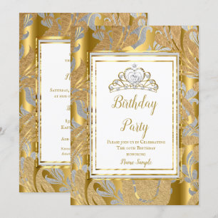 Gold Damask Grey Tiara Birthday Party Invitation