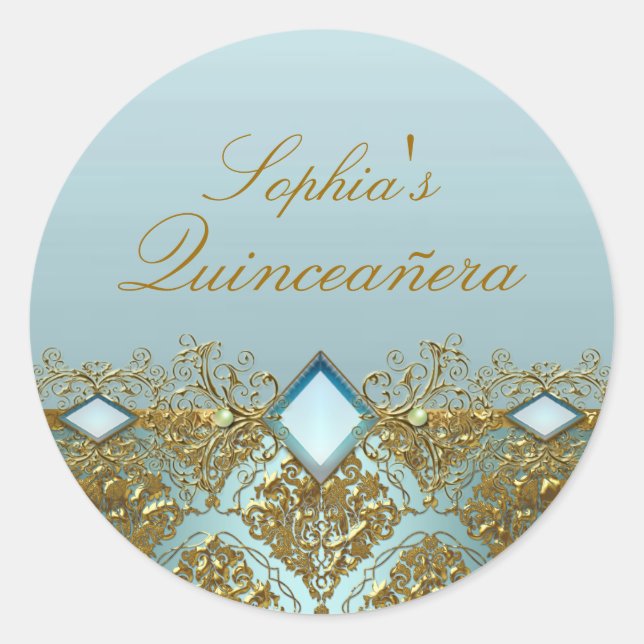 Gold Damask & Jewel Quinceanera Sticker (Front)