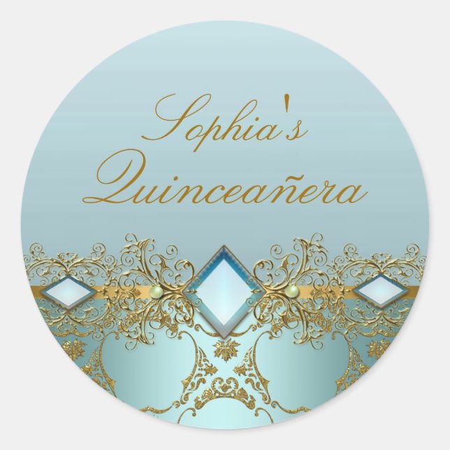 Gold Damask & Jewel Quinceanera Sticker (Front)