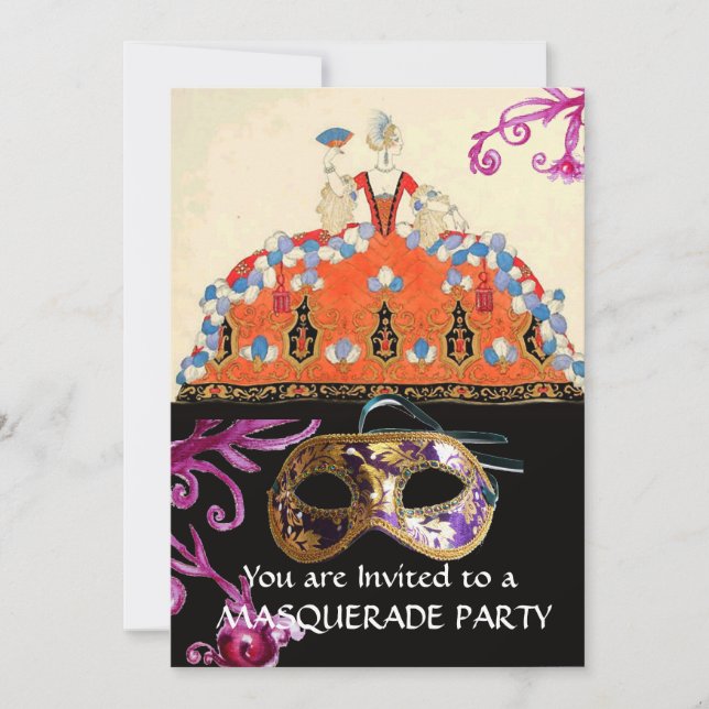 GOLD DAMASK MASK AND ORANGE LADY MASQUERADE PARTY INVITATION (Front)