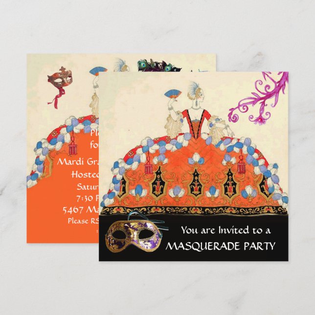 GOLD DAMASK MASKS,ORANGE LADY MASQUERADE PARTY INVITATION (Front/Back)