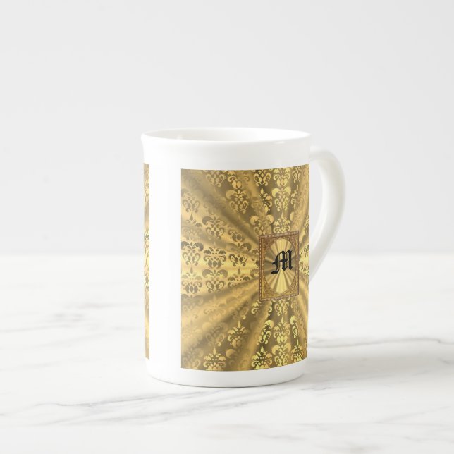 Gold damask monogram bone china mug (Front Right)