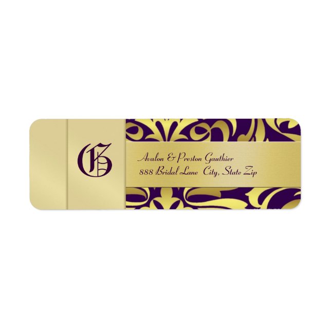 Gold Damask Monogram Purple Wedding Address Label (Front)