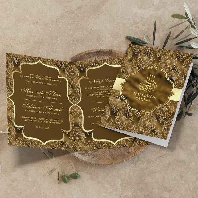Gold Damask Moss Brown Islamic Muslim Wedding Invitation (Creator Uploaded)