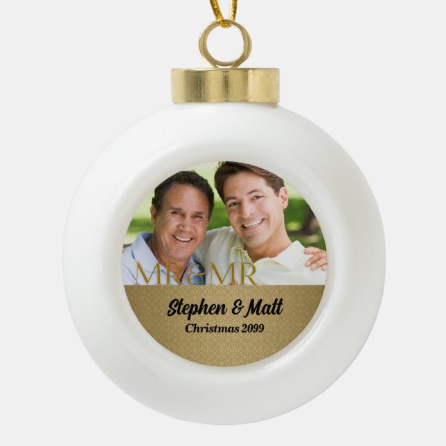 Gold Damask Mr & Mr Gay Christmas Photo Ceramic Ball Christmas Ornament (Front)
