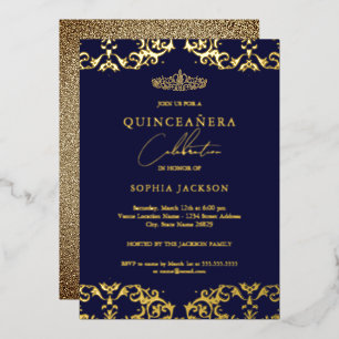 Gold Damask Navy Quinceanera 15th Birthday