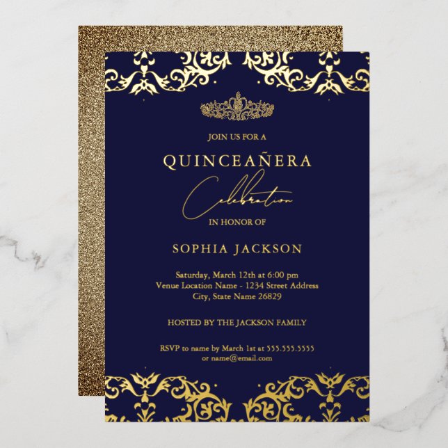 Gold Damask Navy Quinceanera 15th Birthday (Front/Back)