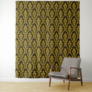 Gold Damask on Black Floral Chic Elegant Backdrop Tapestry