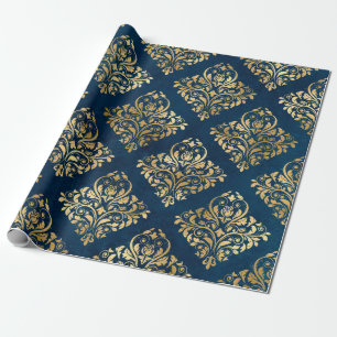 Gold Damask on Blue Wrapping Paper