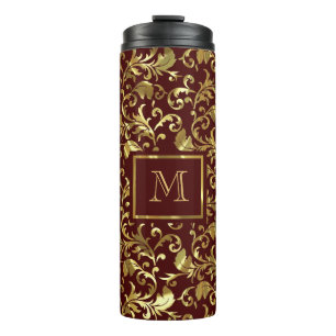 Gold Damask On Brown Background Thermal Tumbler