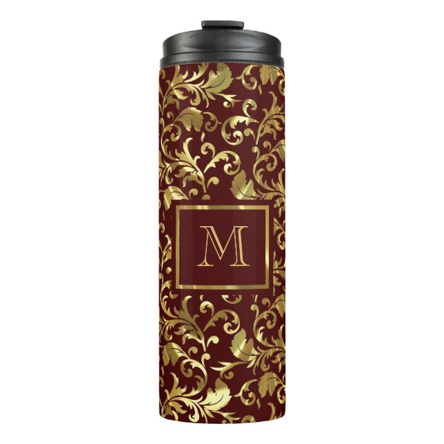 Gold Damask On Brown Background Thermal Tumbler (Front)
