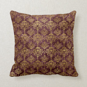 Gold Damask on Burgundy Background Cushion