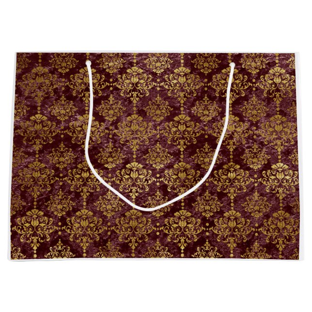 Gold Damask on Burgundy Background Large Gift Bag (Front)