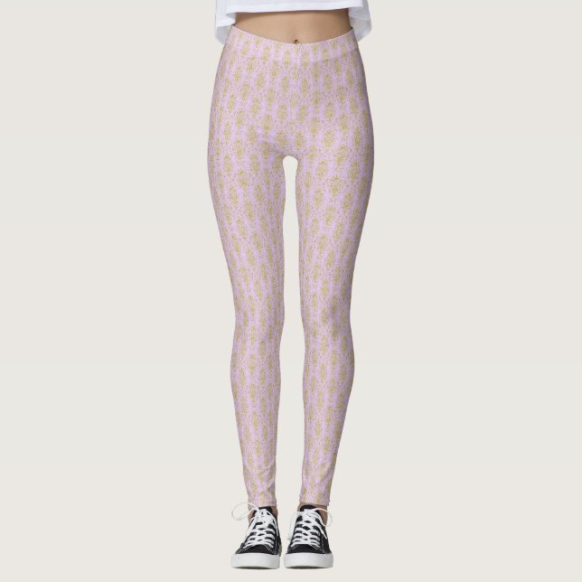 Gold Damask on Lilac Leggings - Easter Yoga Pants (Front)