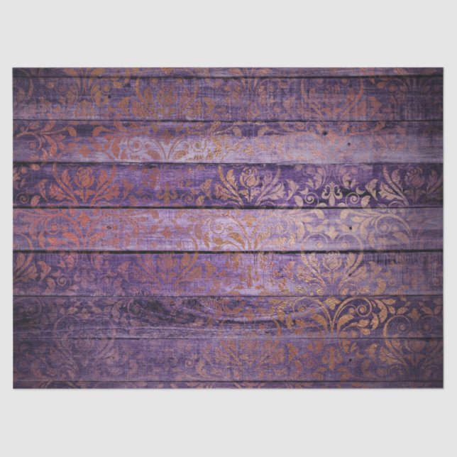 Gold Damask on Purple Wood Decoupage Tissue Paper (Front)